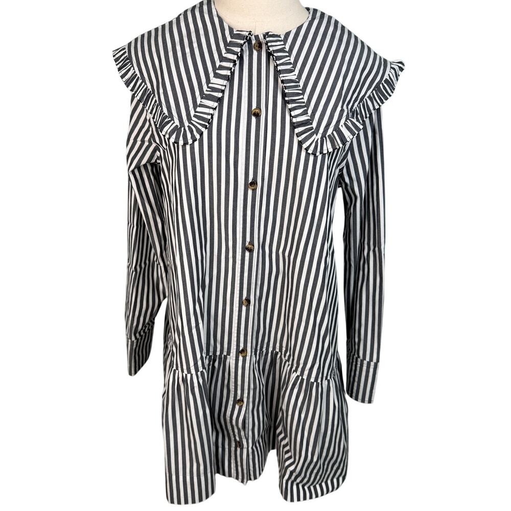 Ganni Organic Cotton Stripe Mini Shirt Dress Sailor Collar 38/US 6 Black White - Picture 3 of 15